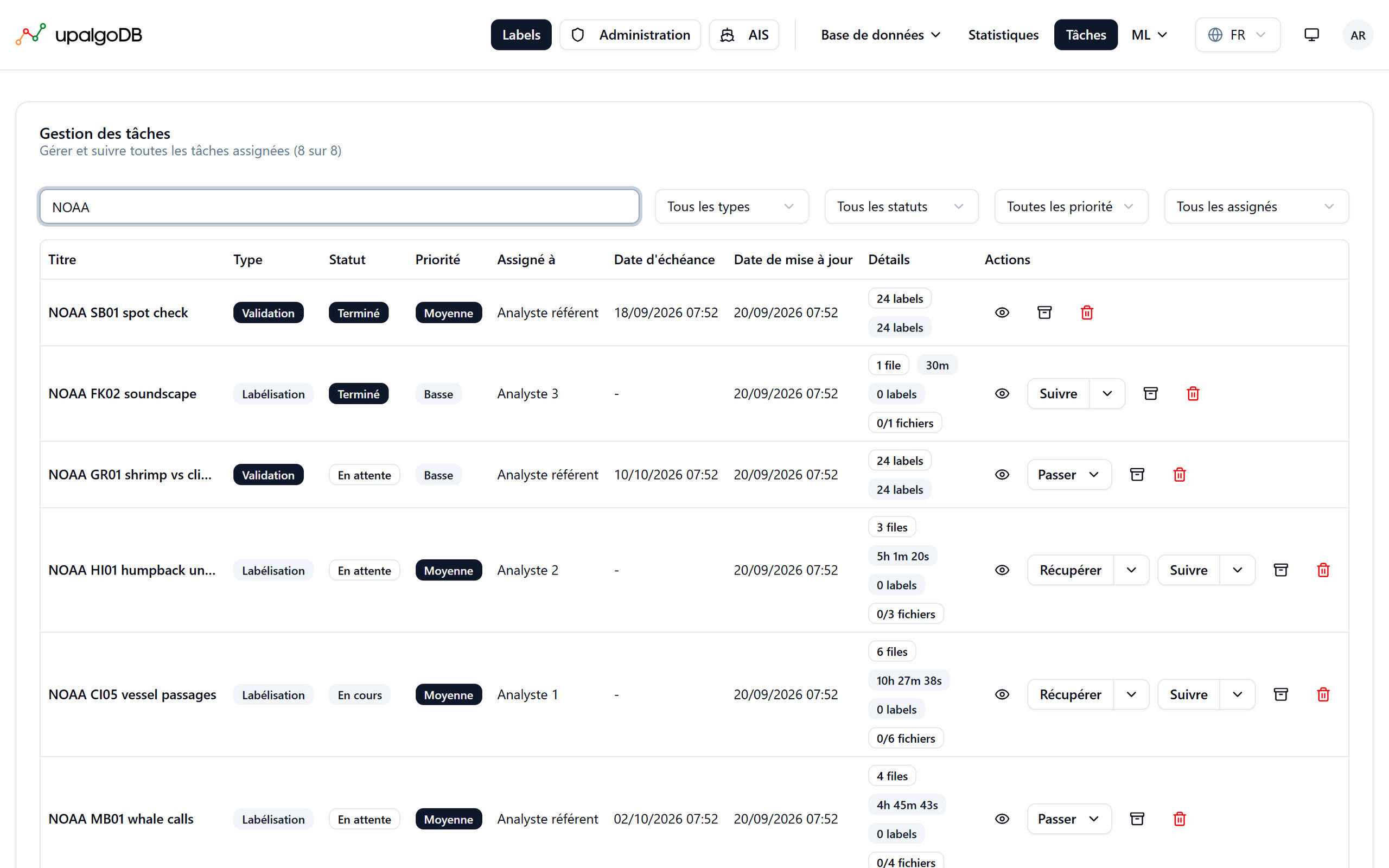 UpalgoDB : la liste des tâches de labélisation et de validation, chacune avec son type, son état, sa priorité, la personne qui en a la charge, et les fichiers et labels qu’elle couvre.