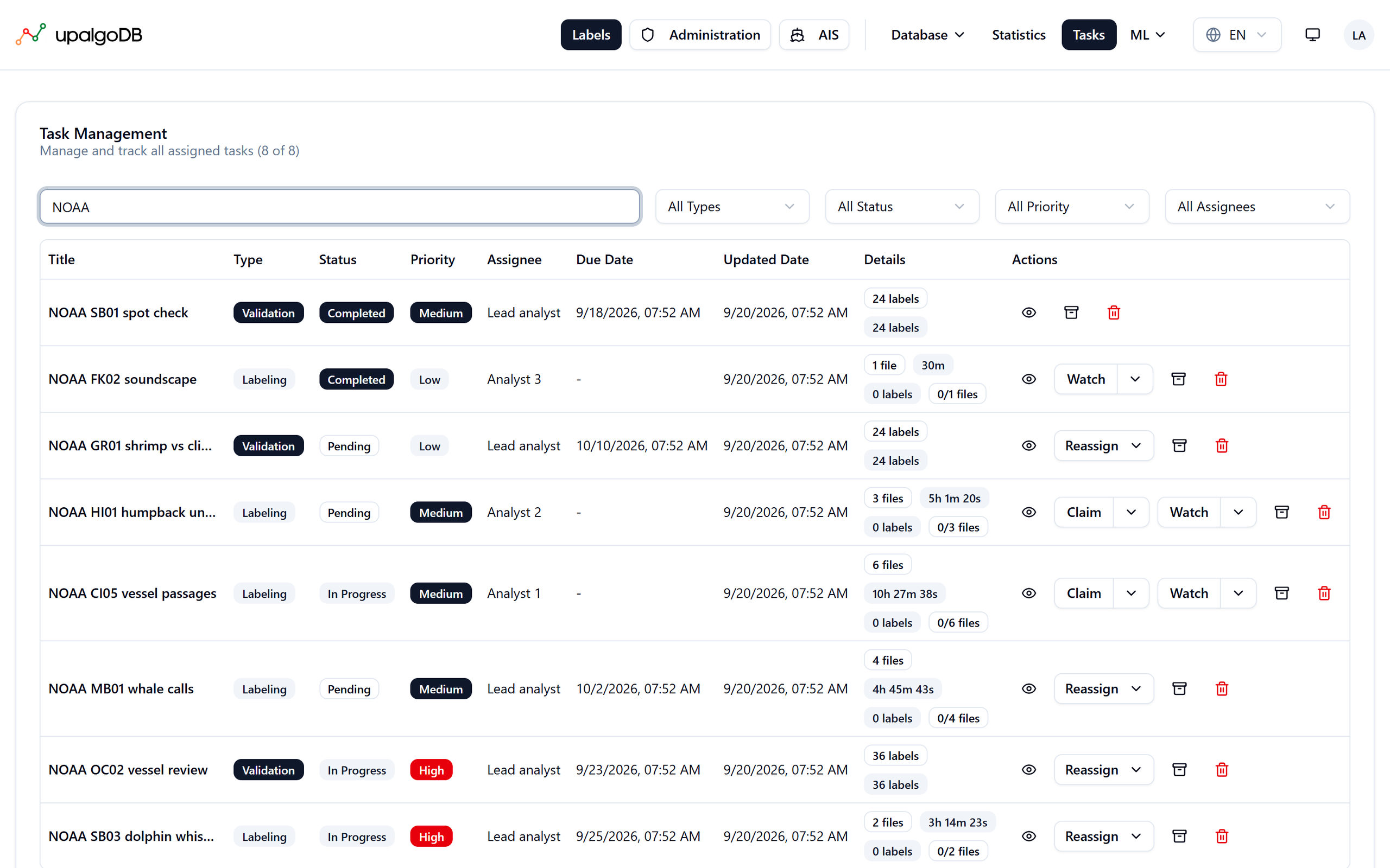 UpalgoDB: the list of labeling and validation tasks, each with its type, status, priority, assignee, and the files and labels it covers.